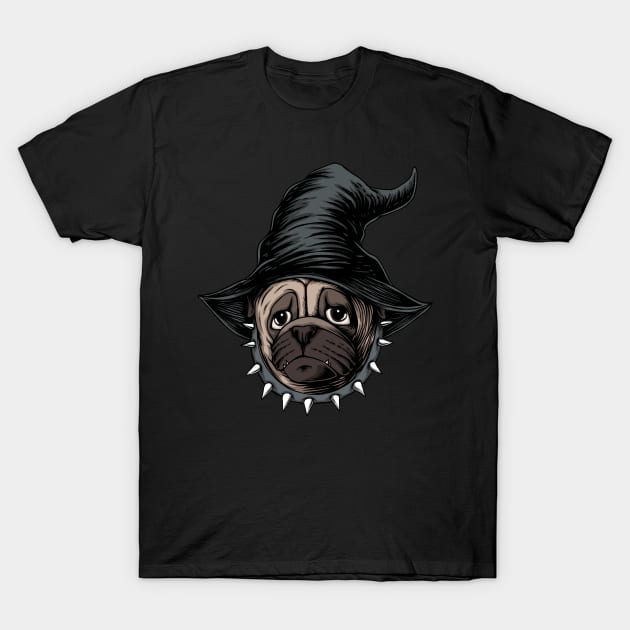 halloween pug dog wear hat witch illustration T-Shirt by affane